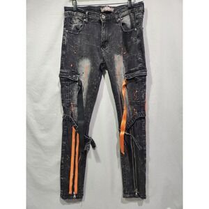 Mens DenimiCity Black Graffiti Paint Jeans w/Straps Zippers Orange 34x31 Stretch